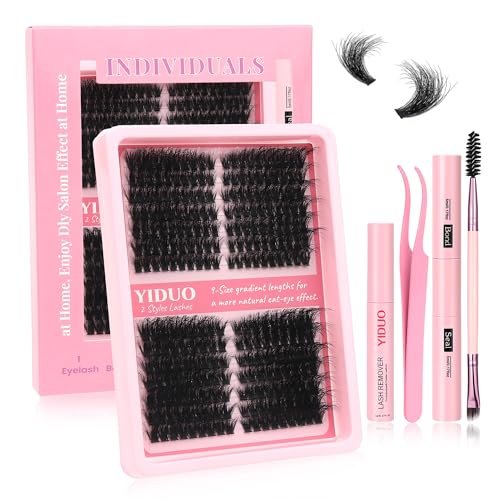 YIDUO Lash Clusters Kit 100D+150D 10-18mm Cat Eye Eyelash Extensions Kit Volume Wispy Left & Right Individual DIY Lash