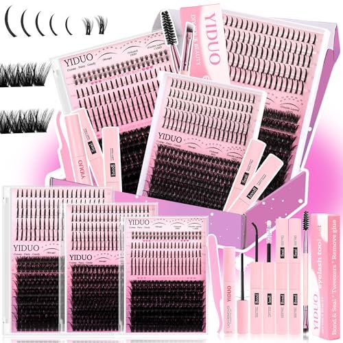 YIDUO Lashes Clusters Kit with Spikes Bottom Lash Extensions 816Pcs Bulk Packs with 2X Bond&Seal Wispy Individual Fake