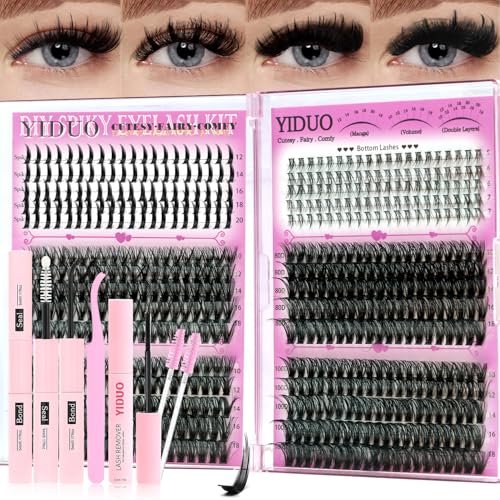 YIDUO Lash Clusters Kit with Spikes+Bottom Lashes Extensions 40D+60D+80D+100D Wispy Individual Cluster Eyelash Kit 600pcs