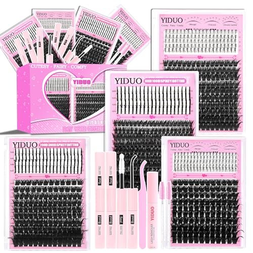 YIDUO 960Pcs Lashes Clusters Kit 80D+100D+200D+300D+Spikes+Bottom Thick Clusters Lash Extensions Kit with 2 Bond and Seal