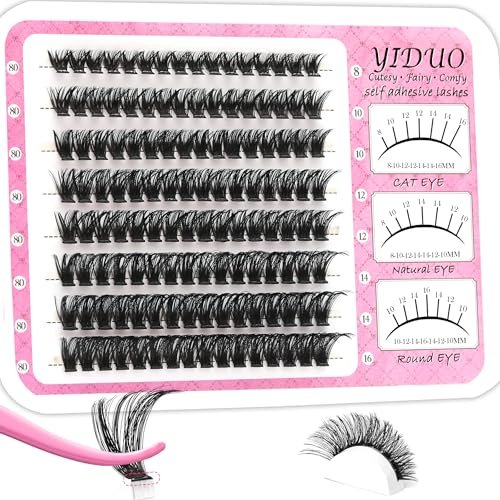 Self Adhesive Eyelashes Clusters 128PCS Wispy Pre Glued Lash Clusters 80P D-Curvature 8-16mm Individual False Eyelashes No
