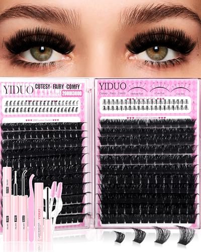 YIDUO 200D+300D Lash Clusters Kit, 366pcs D Curly Volume Thick Eyelash Extensions with Bottom Lashes, 10-20mm Dramatic